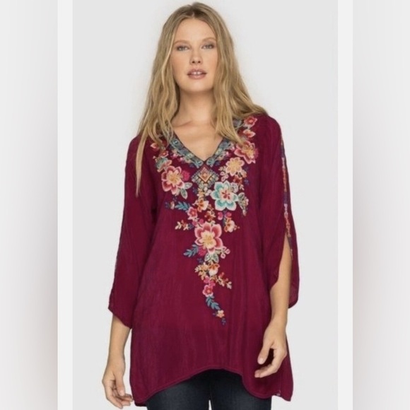 Johnny Was Tops - Johnny Was Embroidered Roma Tunic |  Floral Burgundy Top Sz Small